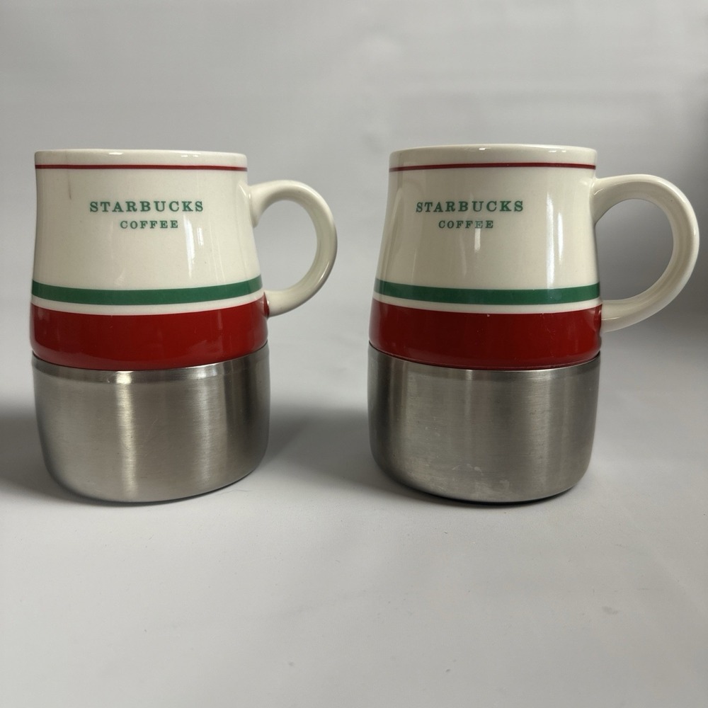 Starbucks 2006 Stainless Ceramic Coffee Travel Mugs Red Green Stripe 14oz No Lid